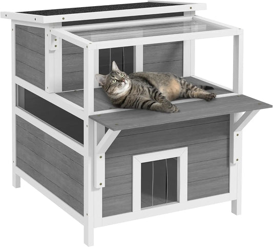 Luxury 2-Story Outdoor Cat House with Balcony – Weatherproof Wooden Shelter Default Title