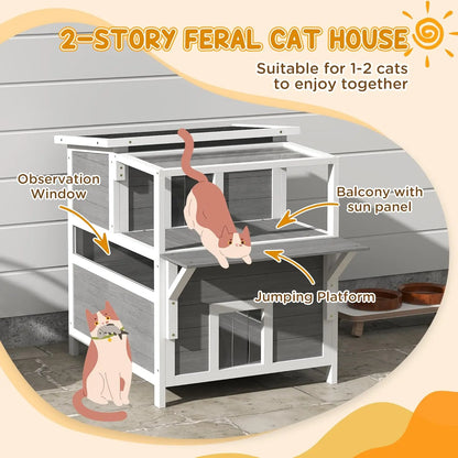 Luxury 2-Story Outdoor Cat House with Balcony – Weatherproof Wooden Shelter