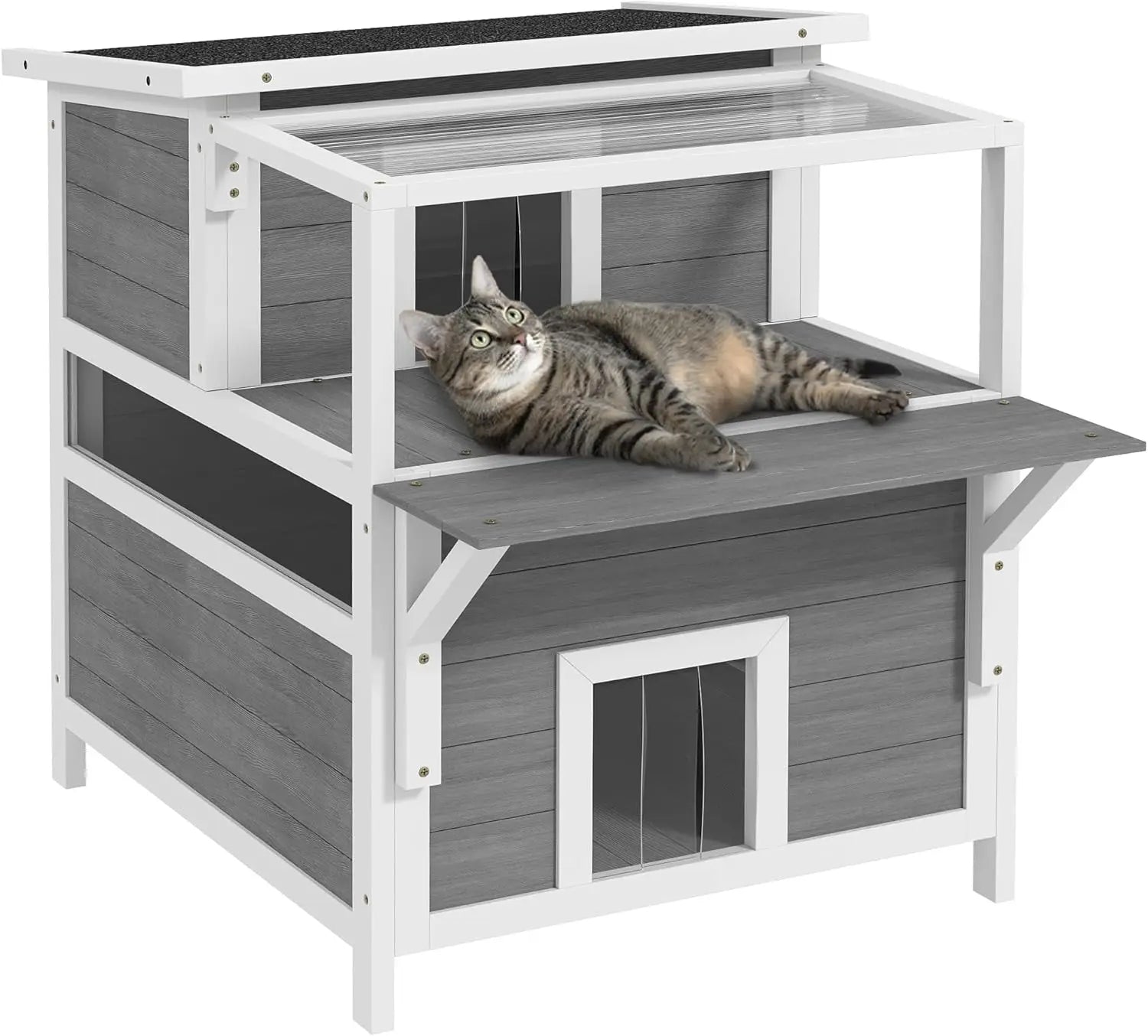 Luxury 2-Story Outdoor Cat House with Balcony – Weatherproof Wooden Shelter Default Title