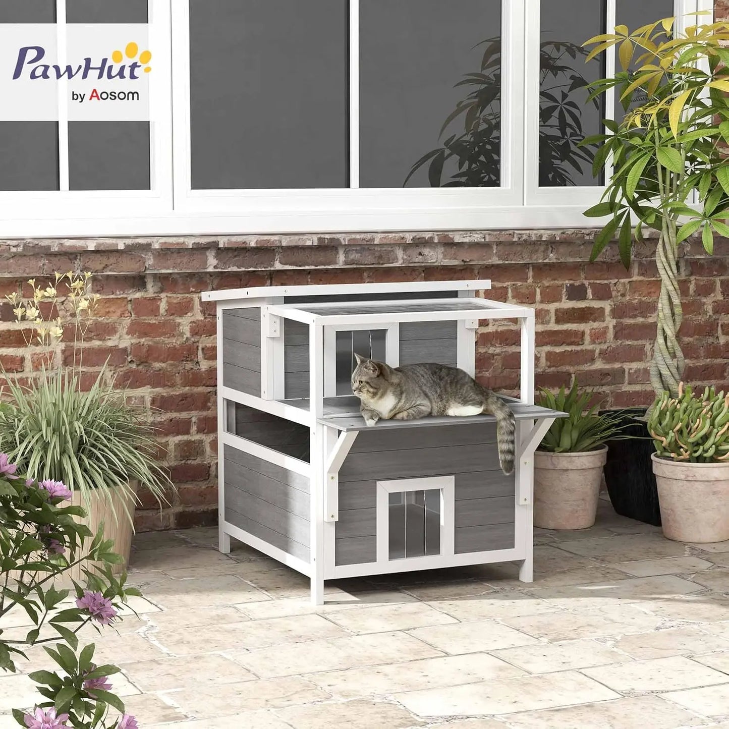 Luxury 2-Story Outdoor Cat House with Balcony – Weatherproof Wooden Shelter