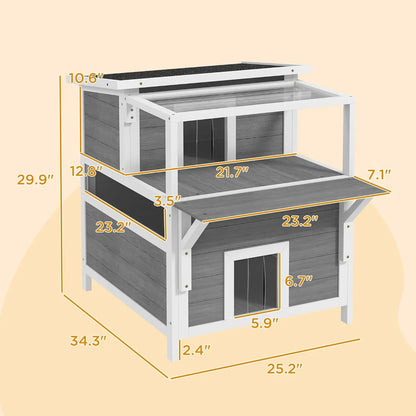 Luxury 2-Story Outdoor Cat House with Balcony – Weatherproof Wooden Shelter