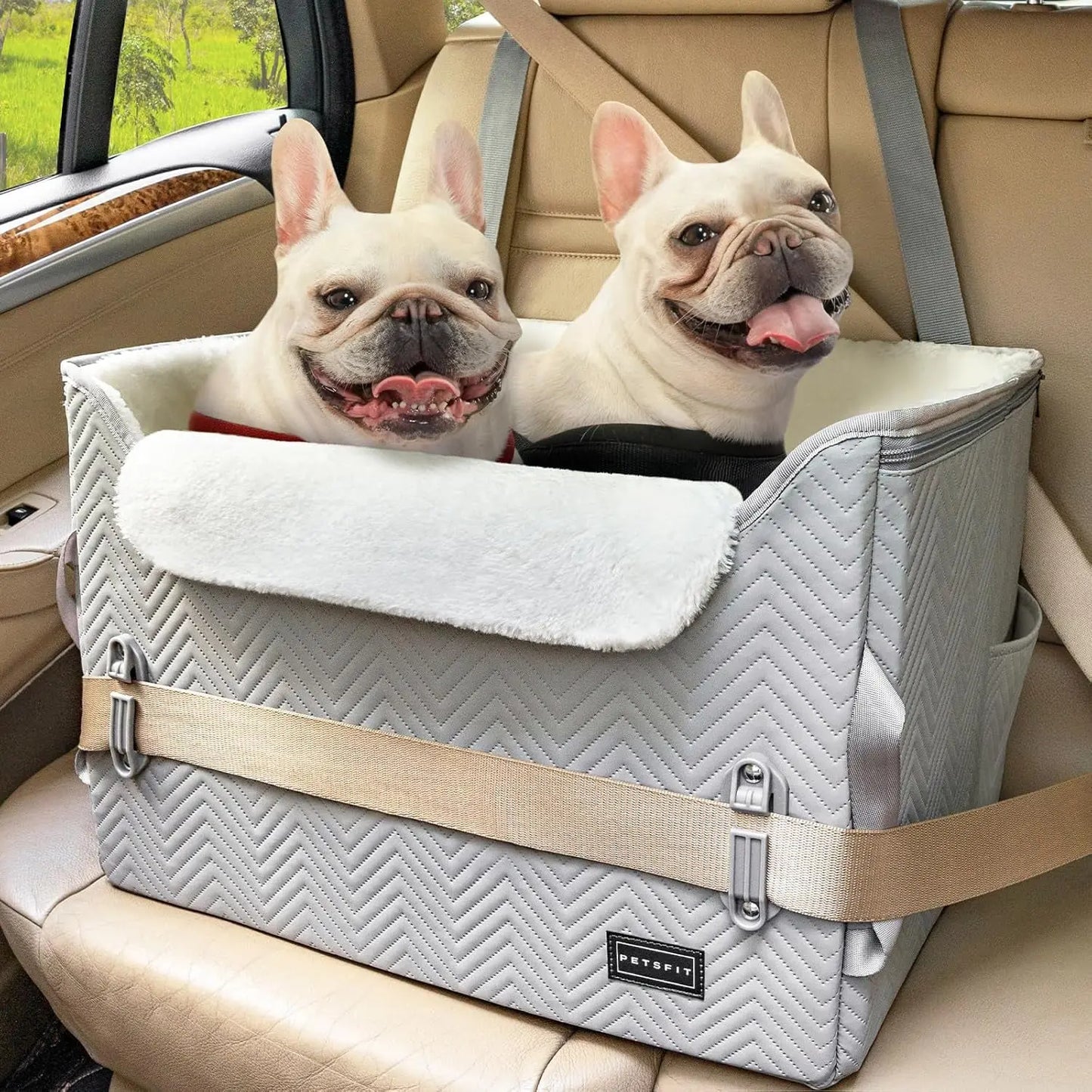 Luxury Dog Booster Car Seat Waterproof PU Leather Safe Buckles Dual Leash Cool Grey Faux Leather