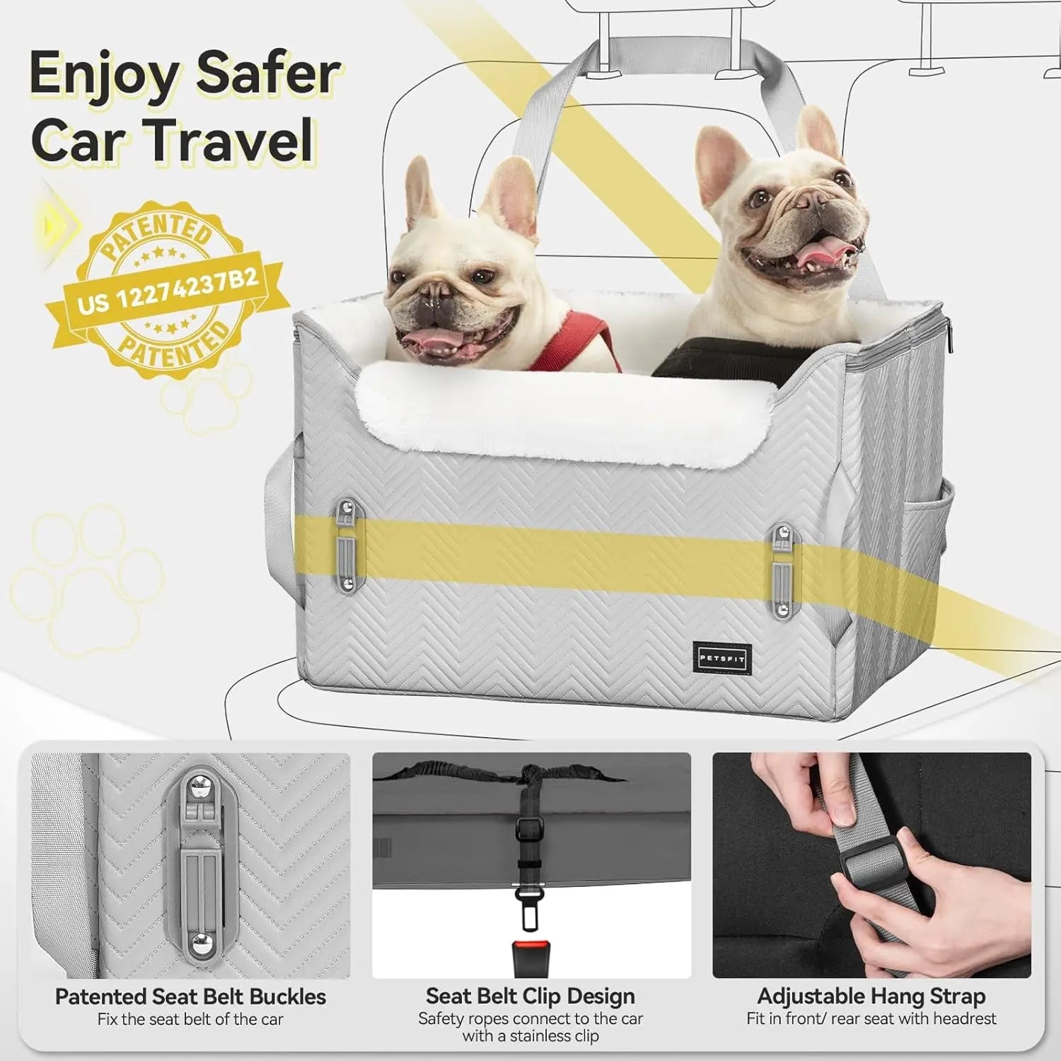 Luxury Dog Booster Car Seat Waterproof PU Leather Safe Buckles Dual Leash