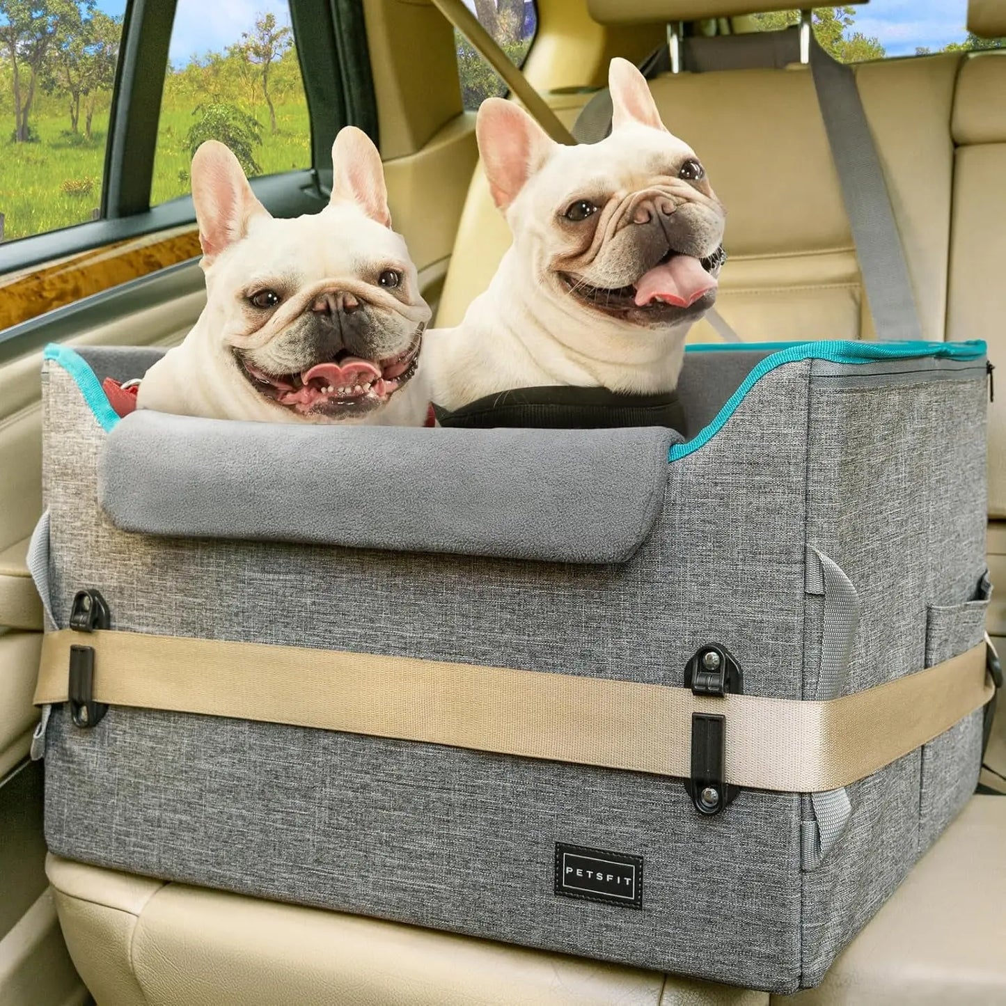 Luxury Dog Booster Car Seat Waterproof PU Leather Safe Buckles Dual Leash Grey Oxford Cloth