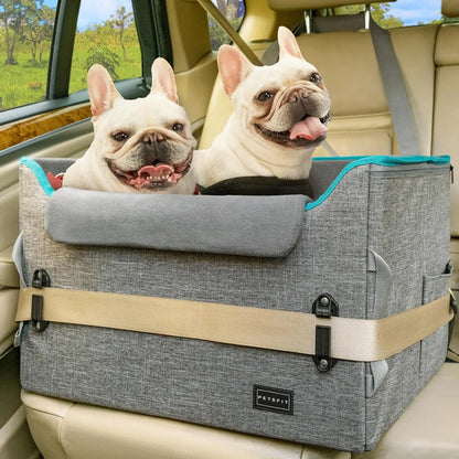 Luxury Dog Booster Car Seat Waterproof PU Leather Safe Buckles Dual Leash Grey Oxford Cloth
