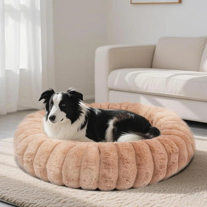 Luxury Donut Dog & Cat Bed, Faux Fur Calming Pet Bed with Non-Slip Base Brown