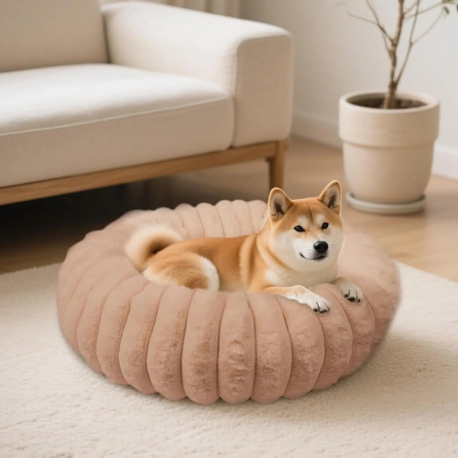 Luxury Donut Dog & Cat Bed, Faux Fur Calming Pet Bed with Non-Slip Base Brown