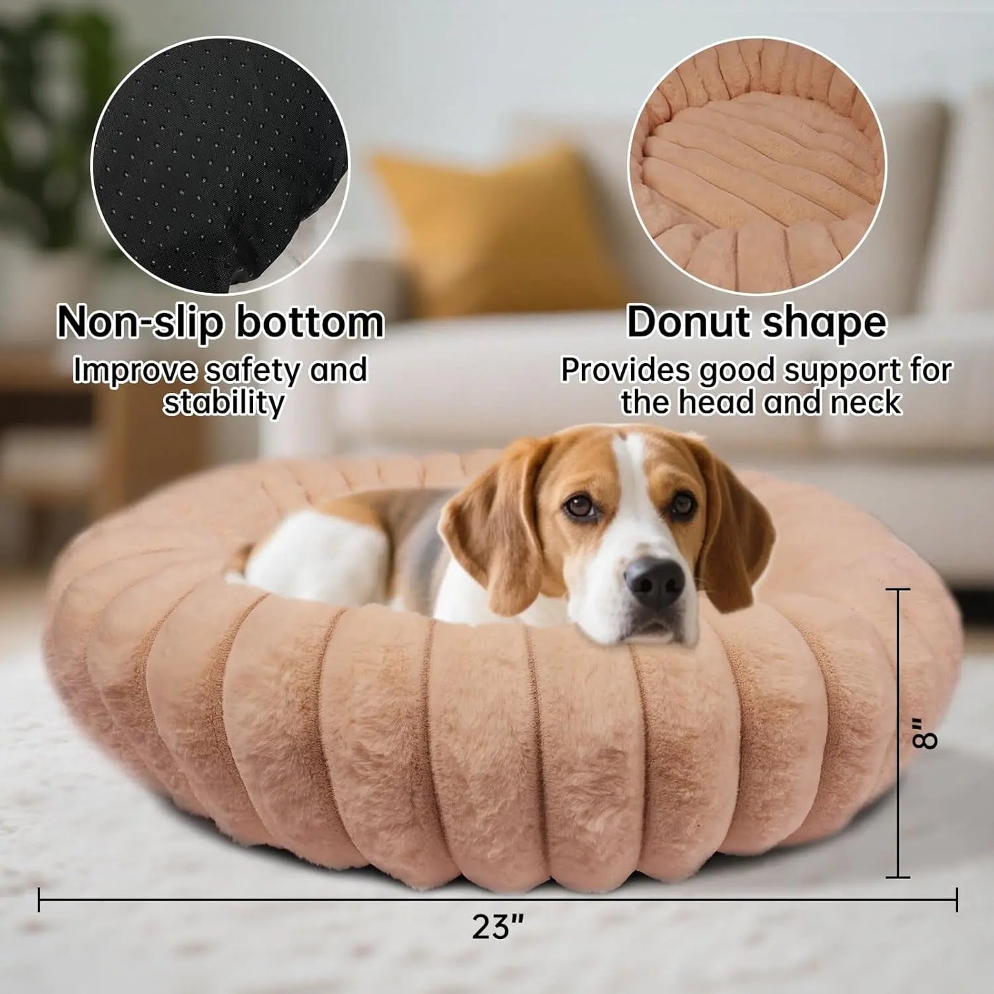 Luxury Donut Dog & Cat Bed, Faux Fur Calming Pet Bed with Non-Slip Base