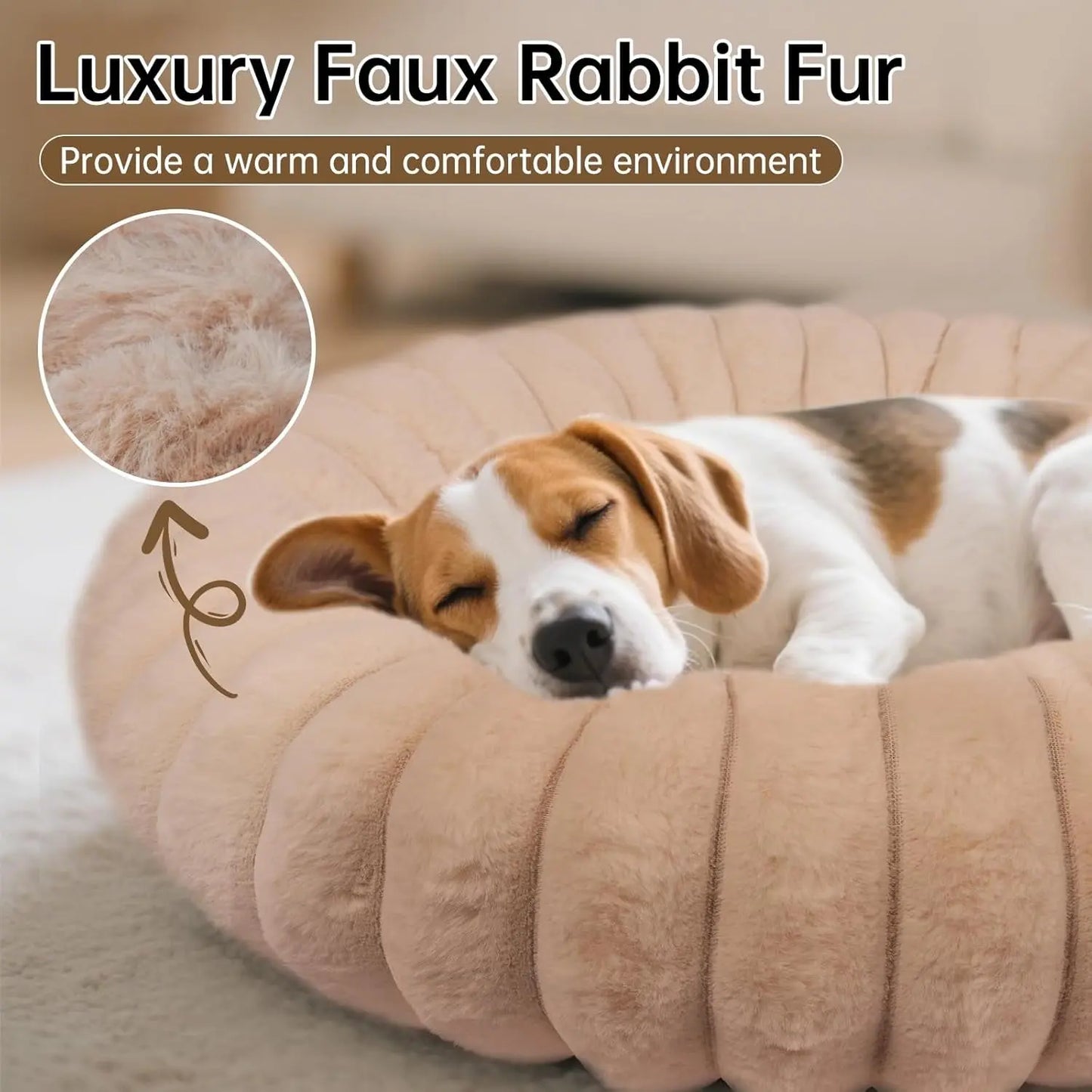 Luxury Donut Dog & Cat Bed, Faux Fur Calming Pet Bed with Non-Slip Base