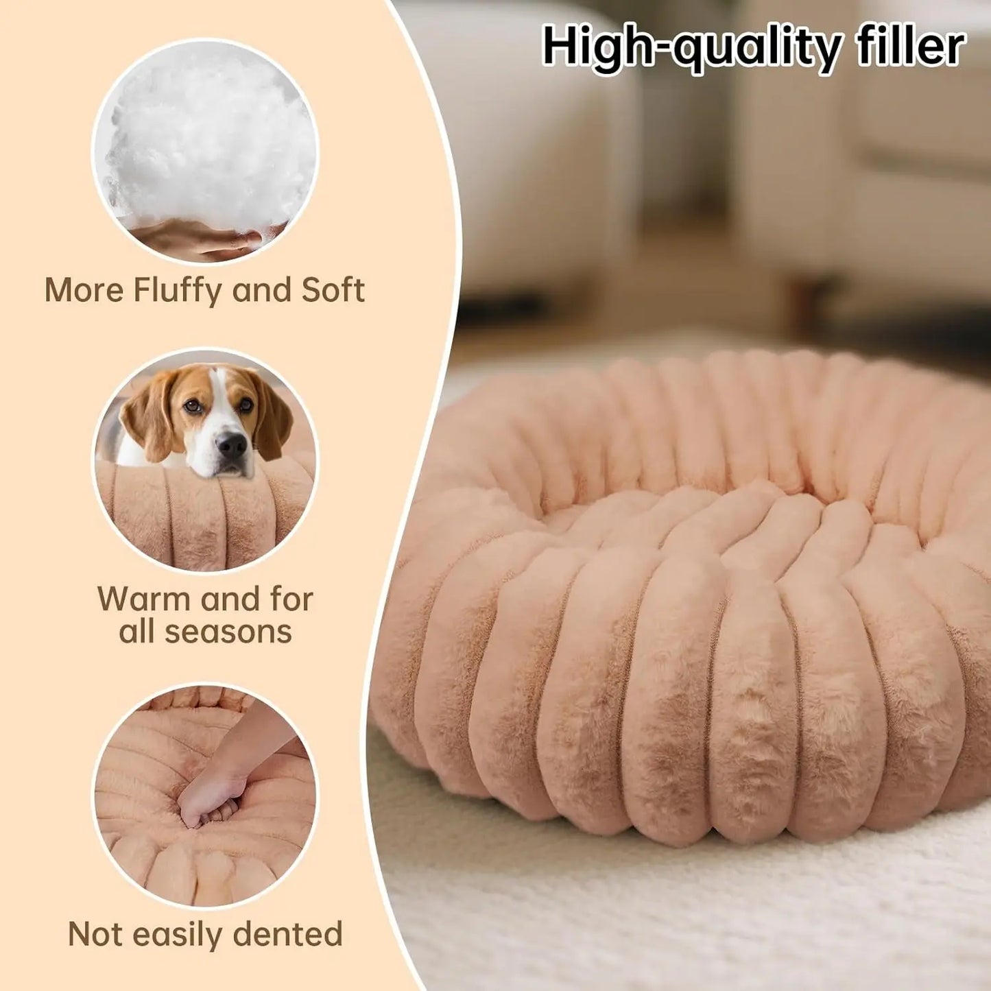 Luxury Donut Dog & Cat Bed, Faux Fur Calming Pet Bed with Non-Slip Base