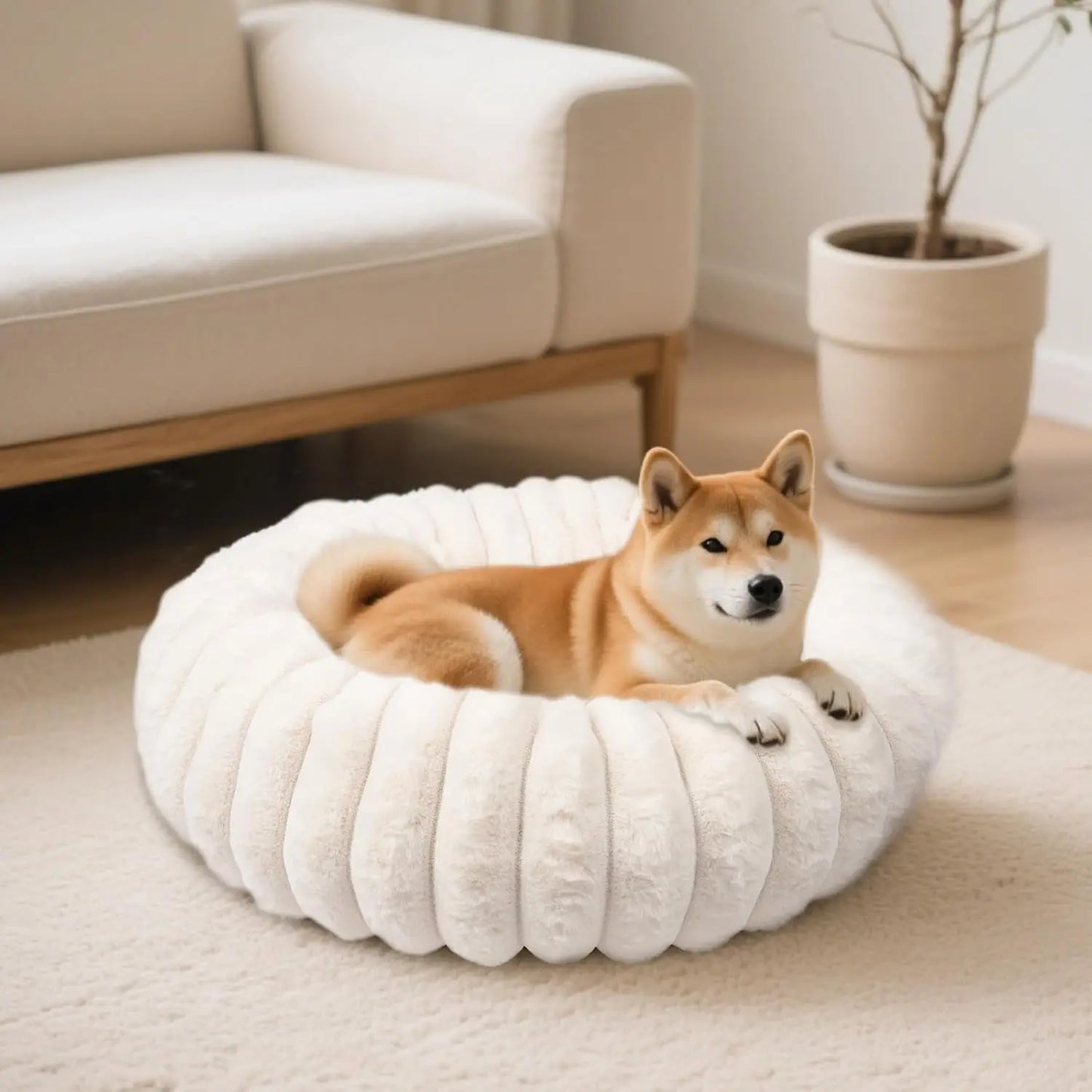 Luxury Donut Dog & Cat Bed, Faux Fur Calming Pet Bed with Non-Slip Base White