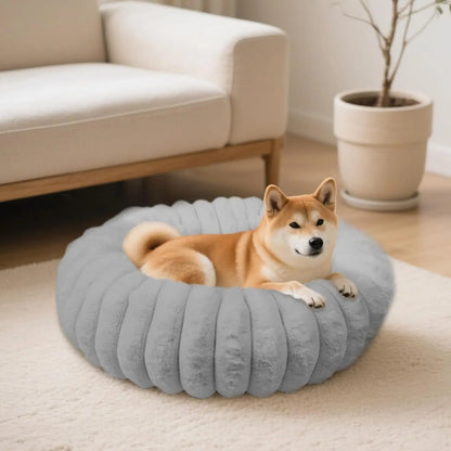 Luxury Donut Dog & Cat Bed, Faux Fur Calming Pet Bed with Non-Slip Base Grey