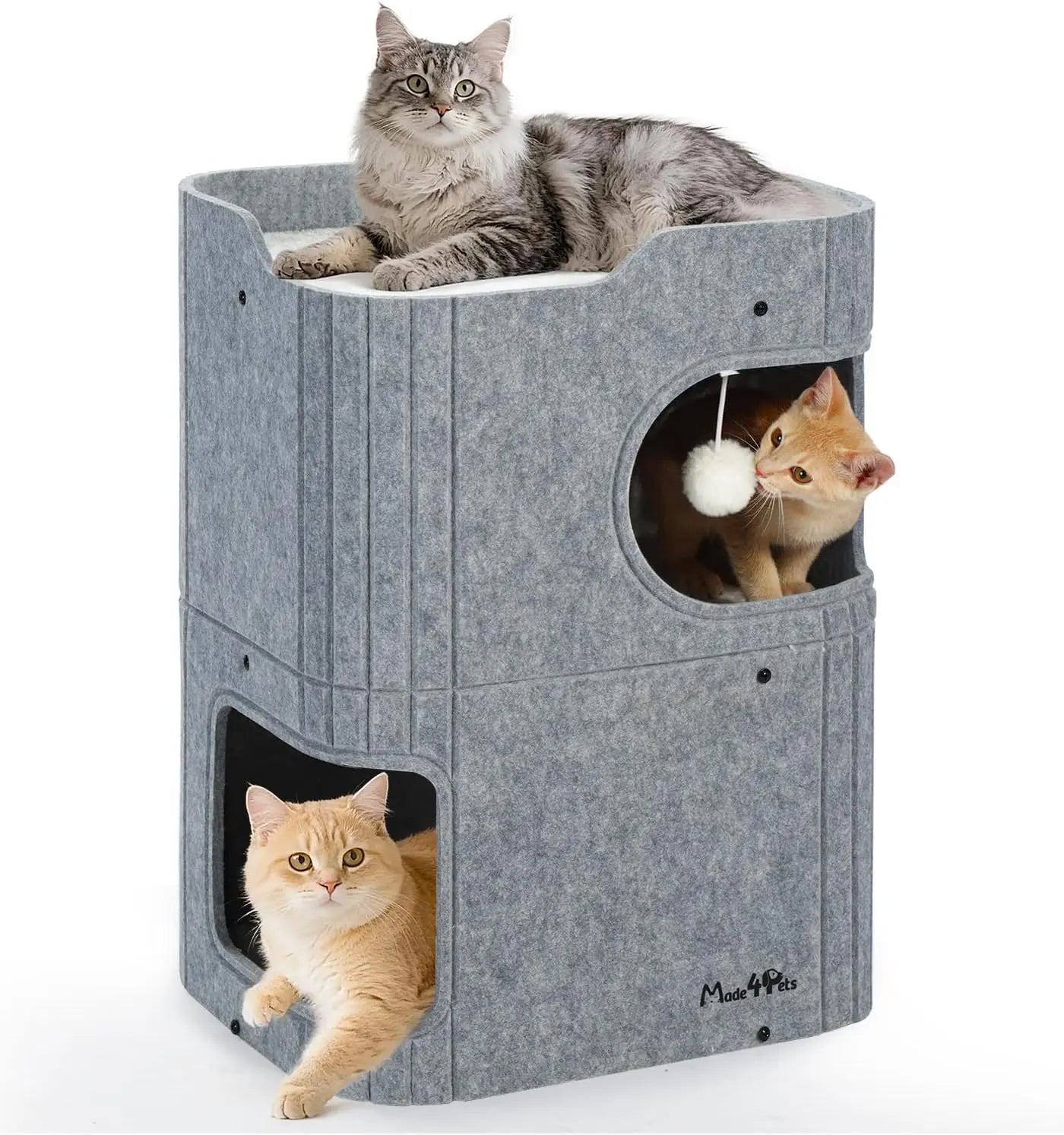 Made4Pets 2-Story Indoor Cat House Cube Bed Tunnel Condo Grey 17.3“L X 13.8”W X 23.6”H
