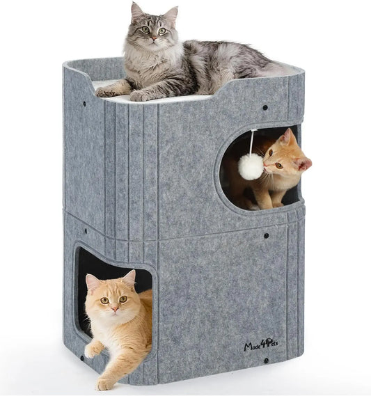 Made4Pets 2-Story Indoor Cat House Cube Bed Tunnel Condo Grey 17.3“L X 13.8”W X 23.6”H