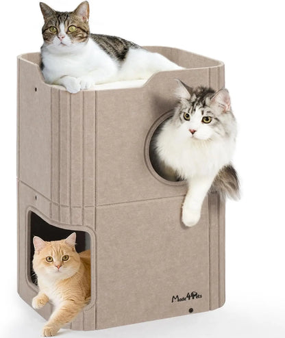 Made4Pets 2-Story Indoor Cat House Cube Bed Tunnel Condo Beige 17.3“L X 13.8”W X 23.6”H
