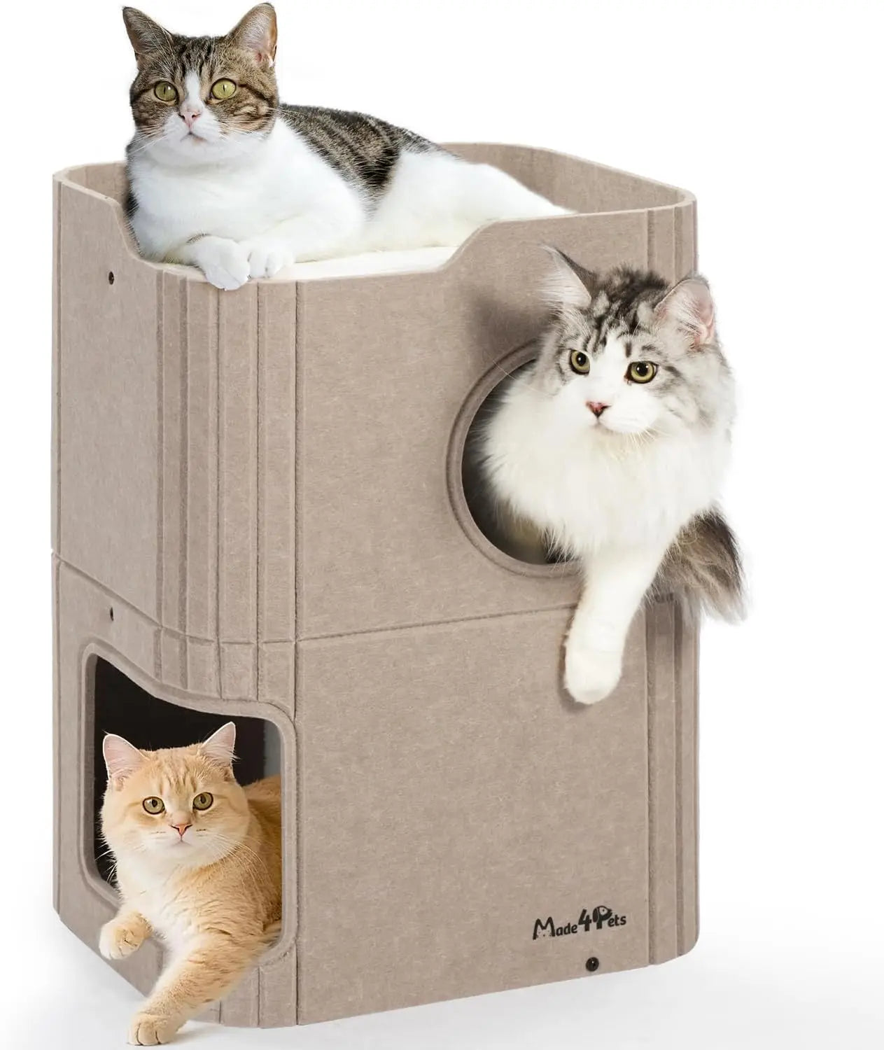 Made4Pets 2-Story Indoor Cat House Cube Bed Tunnel Condo Beige 17.3“L X 13.8”W X 23.6”H