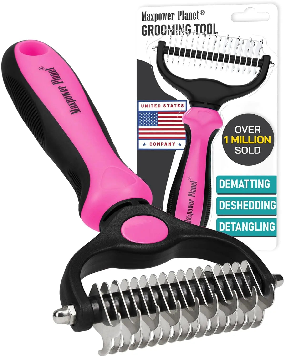 Maxpower Dual-Sided Pet Grooming Rake for Dogs & Cats – Dematting Tool Pink Large