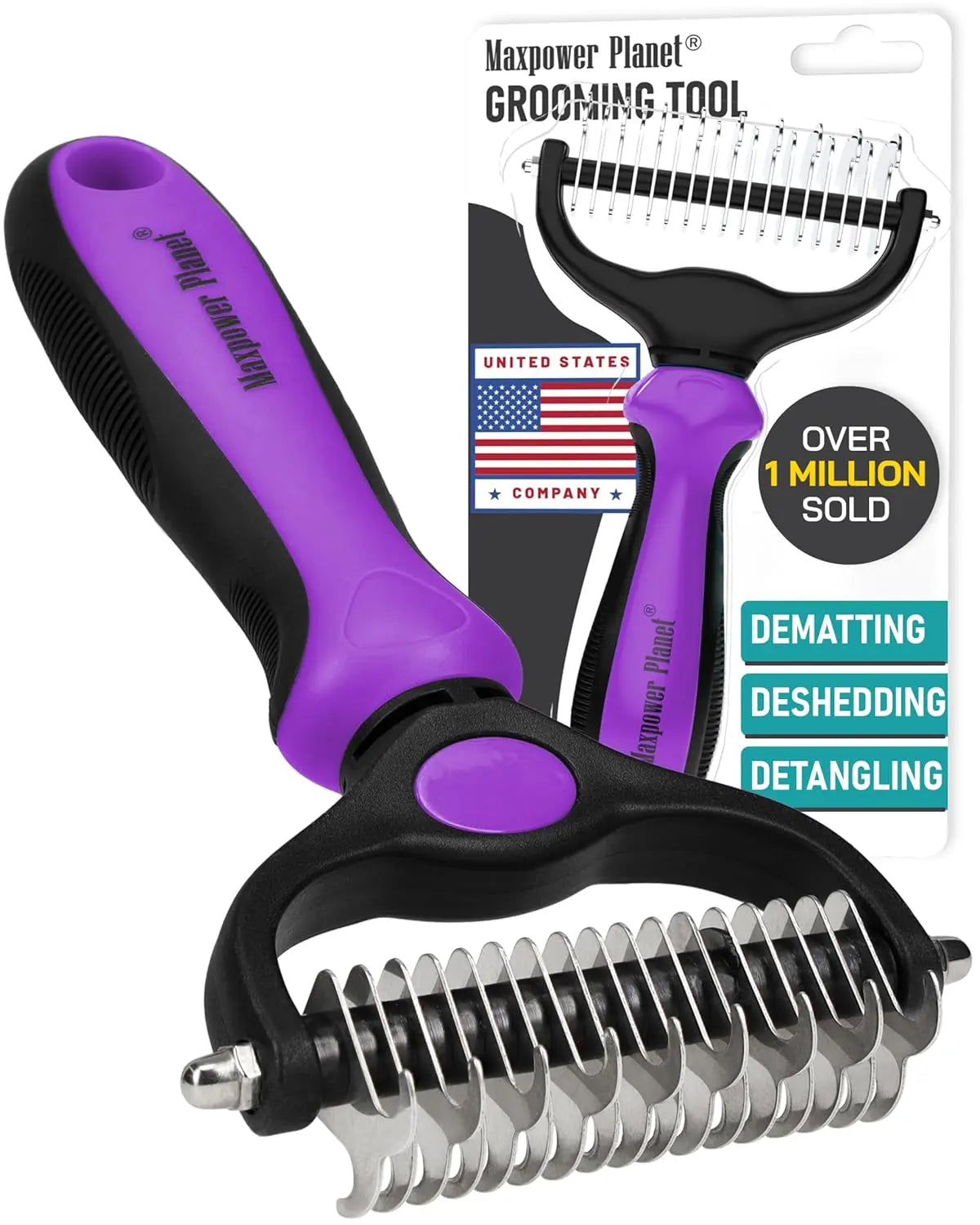 Maxpower Dual-Sided Pet Grooming Rake for Dogs & Cats – Dematting Tool Purple L