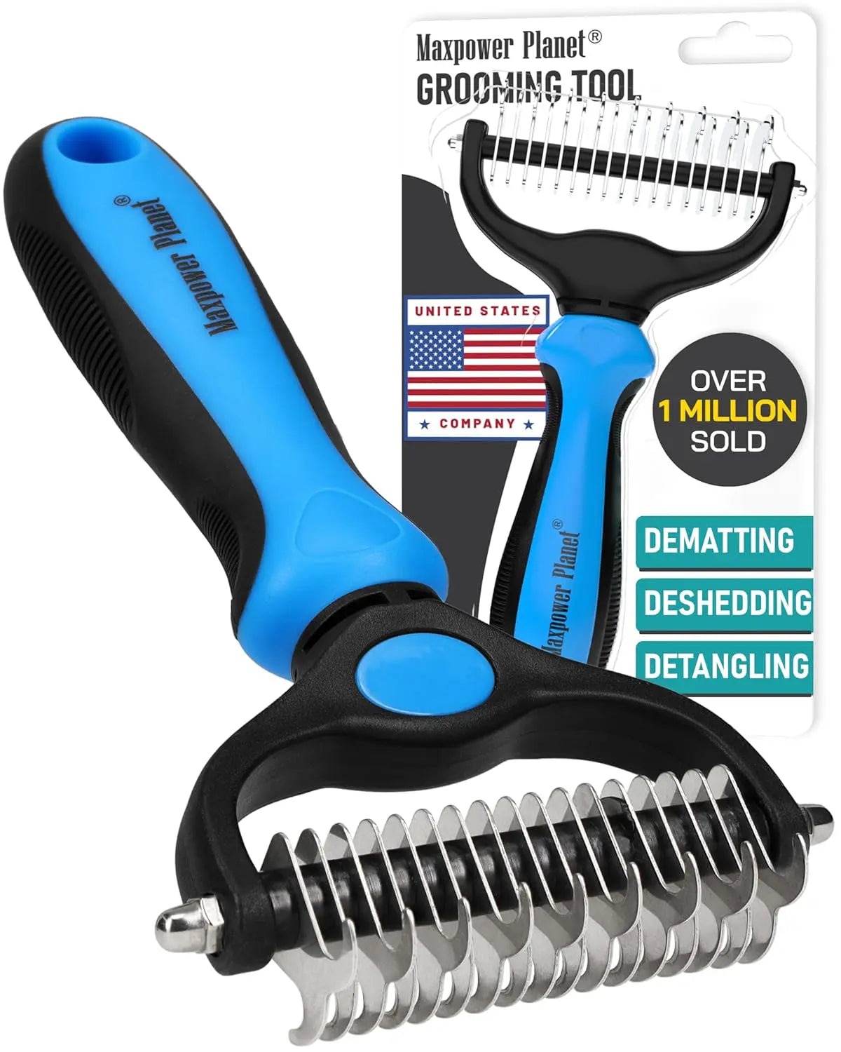 Maxpower Dual-Sided Pet Grooming Rake for Dogs & Cats – Dematting Tool Blue Large