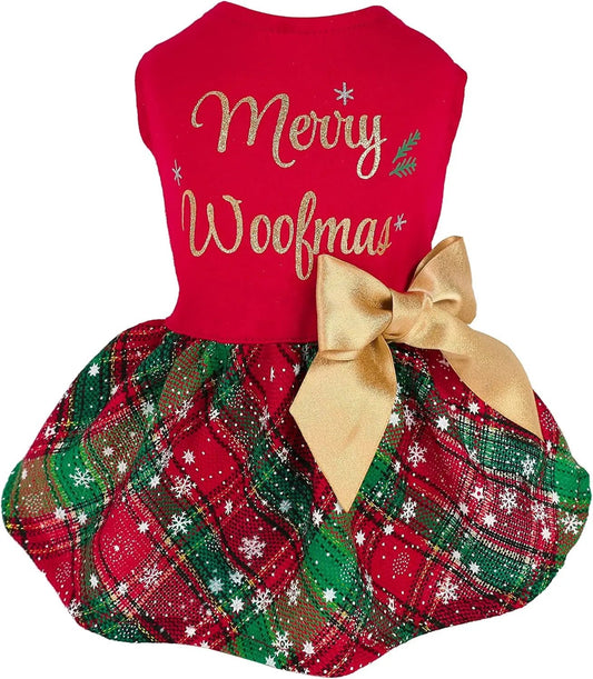 Merry Woofmas Cotton Dog Dress, Holiday Outfit with Bow, Cat & Small Dog Apparel Merry Woofmas