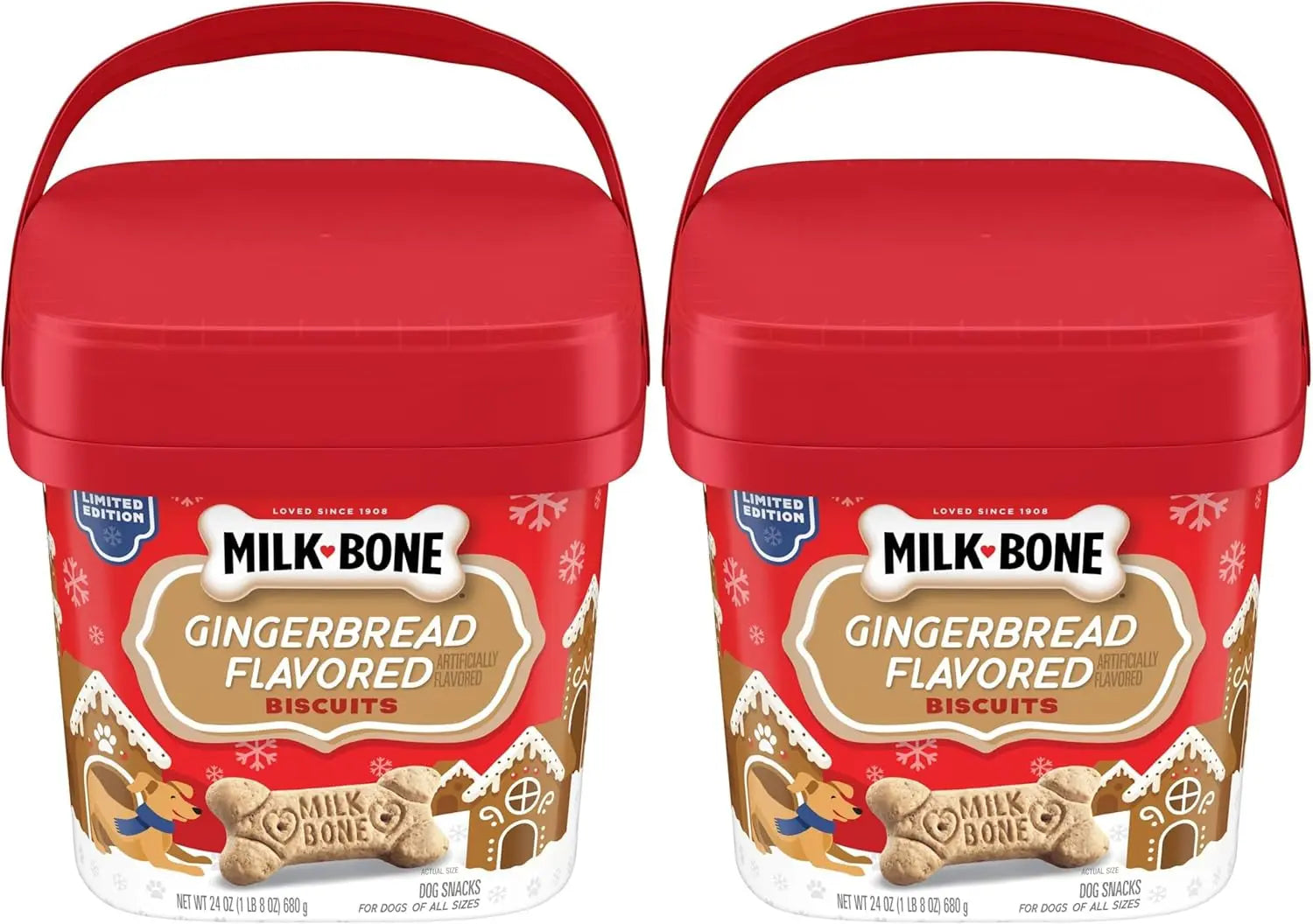 Milk-Bone Limited Edition Gingerbread Flavored Biscuit Dog Treats, 24 Ounce Reusable Pail 1.5 Pound (Pack Of 2)