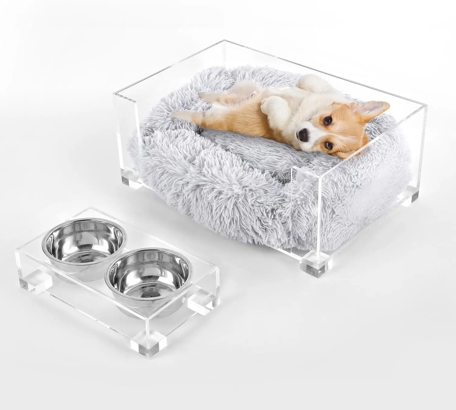 Modern Acrylic Pet Bed (small) & Elevated Feeder Set | Washable Cushion & Bowls Default Title
