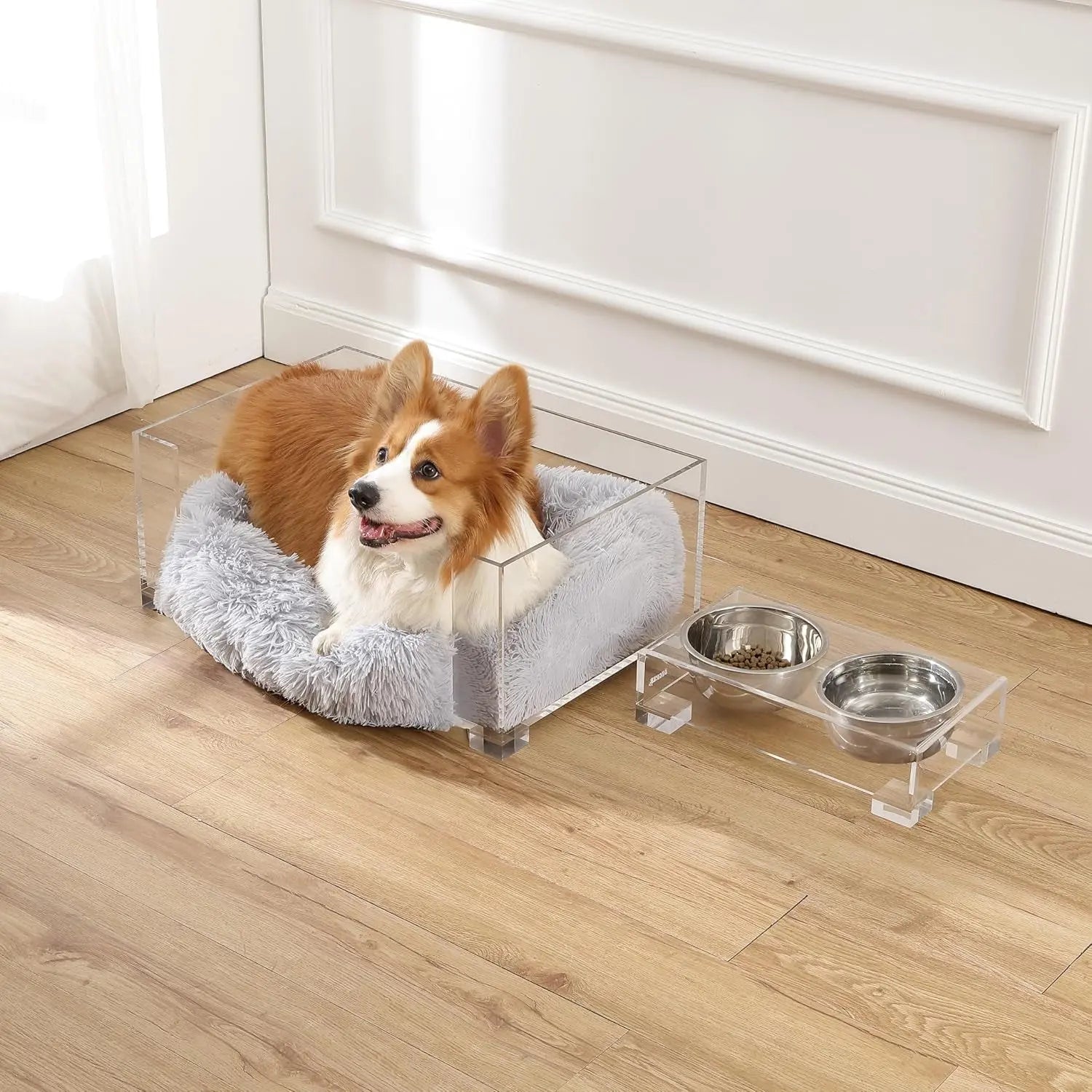 Modern Acrylic Pet Bed (small) & Elevated Feeder Set | Washable Cushion & Bowls
