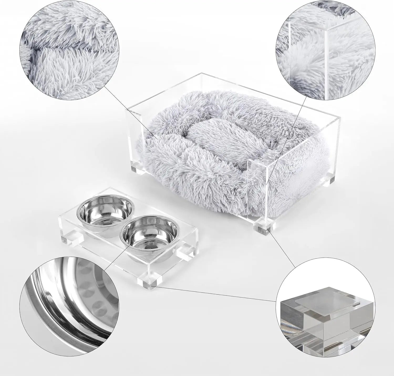 Modern Acrylic Pet Bed (small) & Elevated Feeder Set | Washable Cushion & Bowls