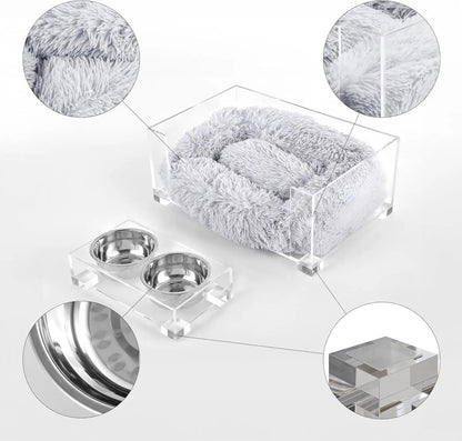 Modern Acrylic Pet Bed (small) & Elevated Feeder Set | Washable Cushion & Bowls