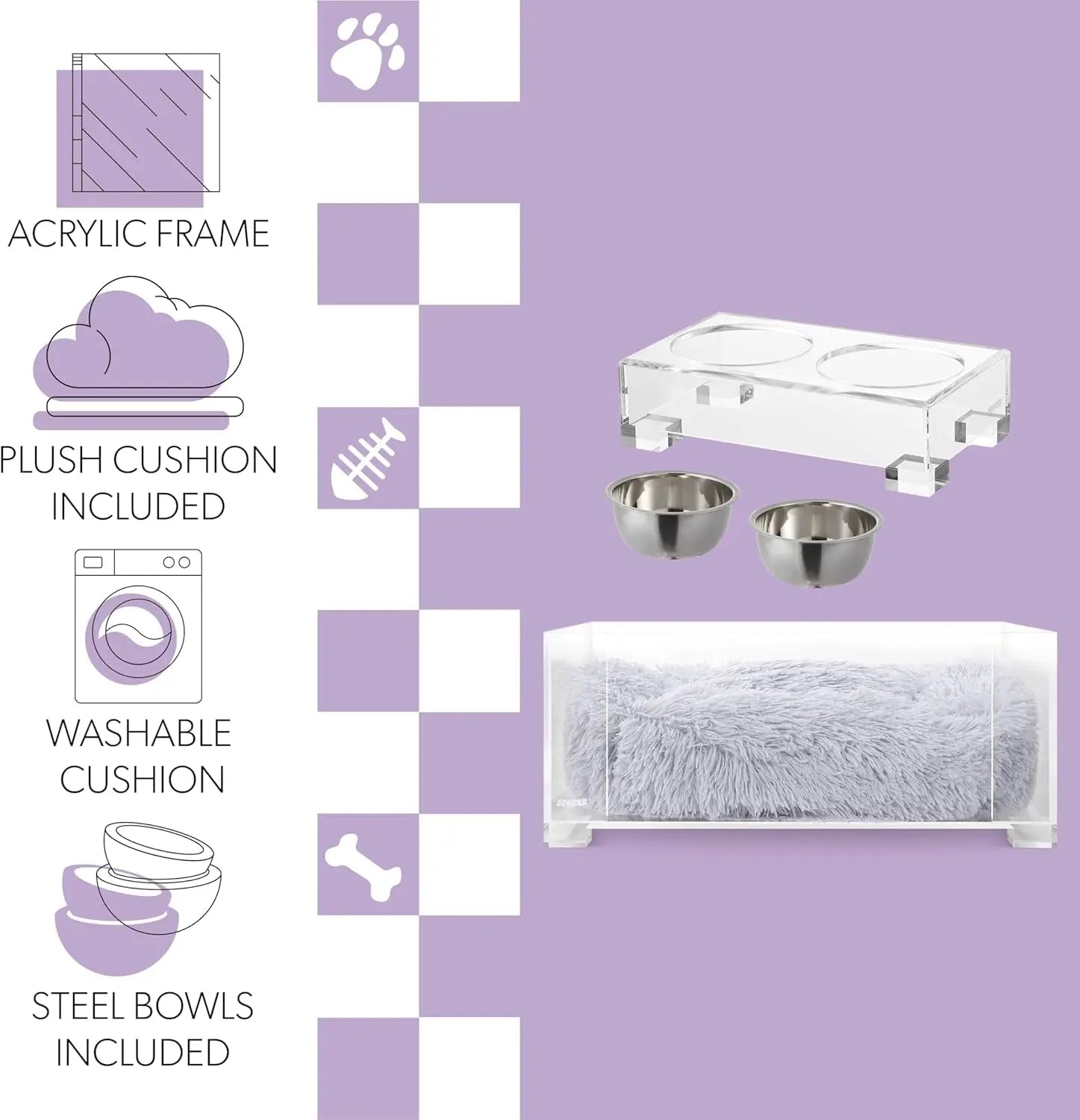 Modern Acrylic Pet Bed (small) & Elevated Feeder Set | Washable Cushion & Bowls