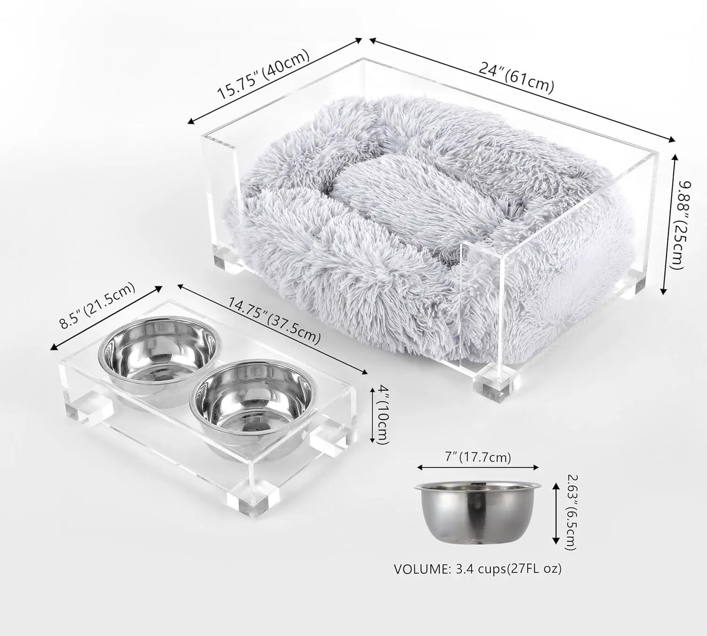 Modern Acrylic Pet Bed (small) & Elevated Feeder Set | Washable Cushion & Bowls