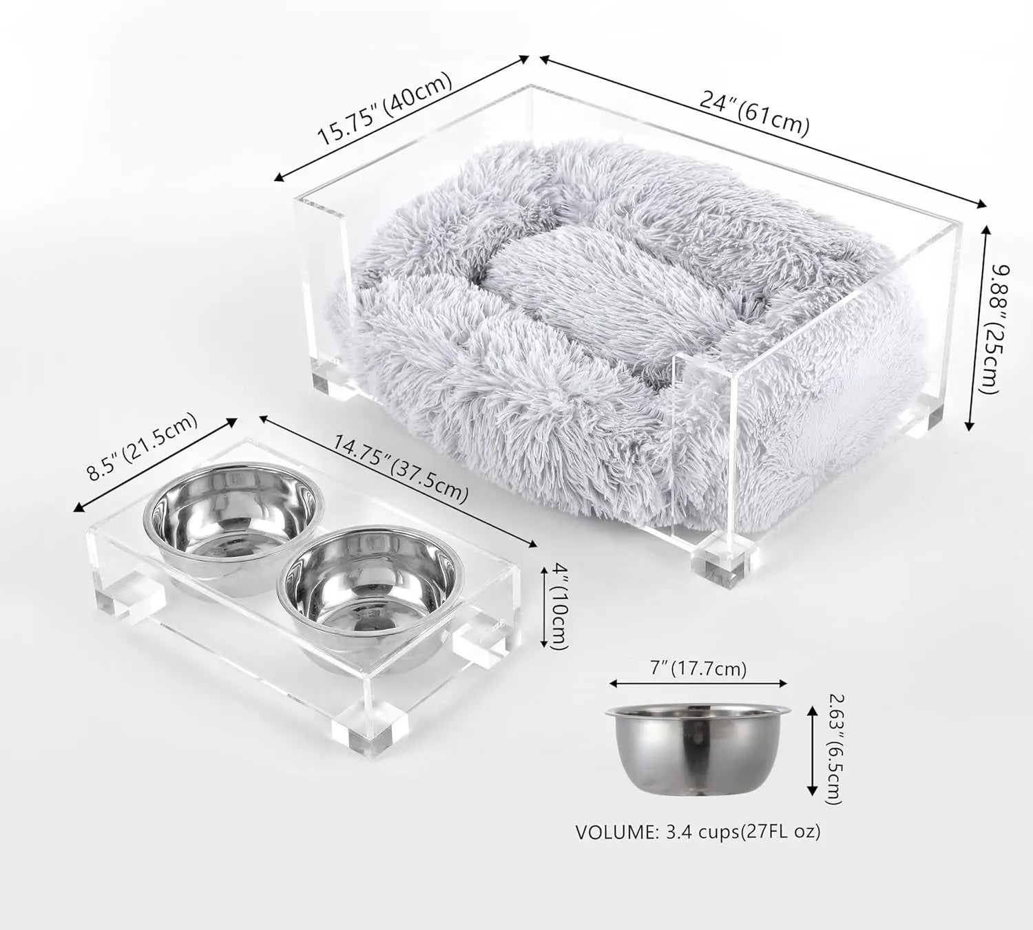 Modern Acrylic Pet Bed (small) & Elevated Feeder Set | Washable Cushion & Bowls