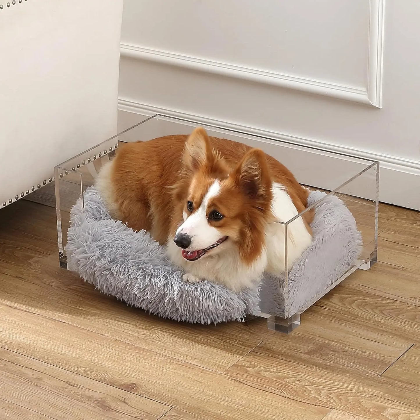 Modern Acrylic Pet Bed (small) & Elevated Feeder Set | Washable Cushion & Bowls