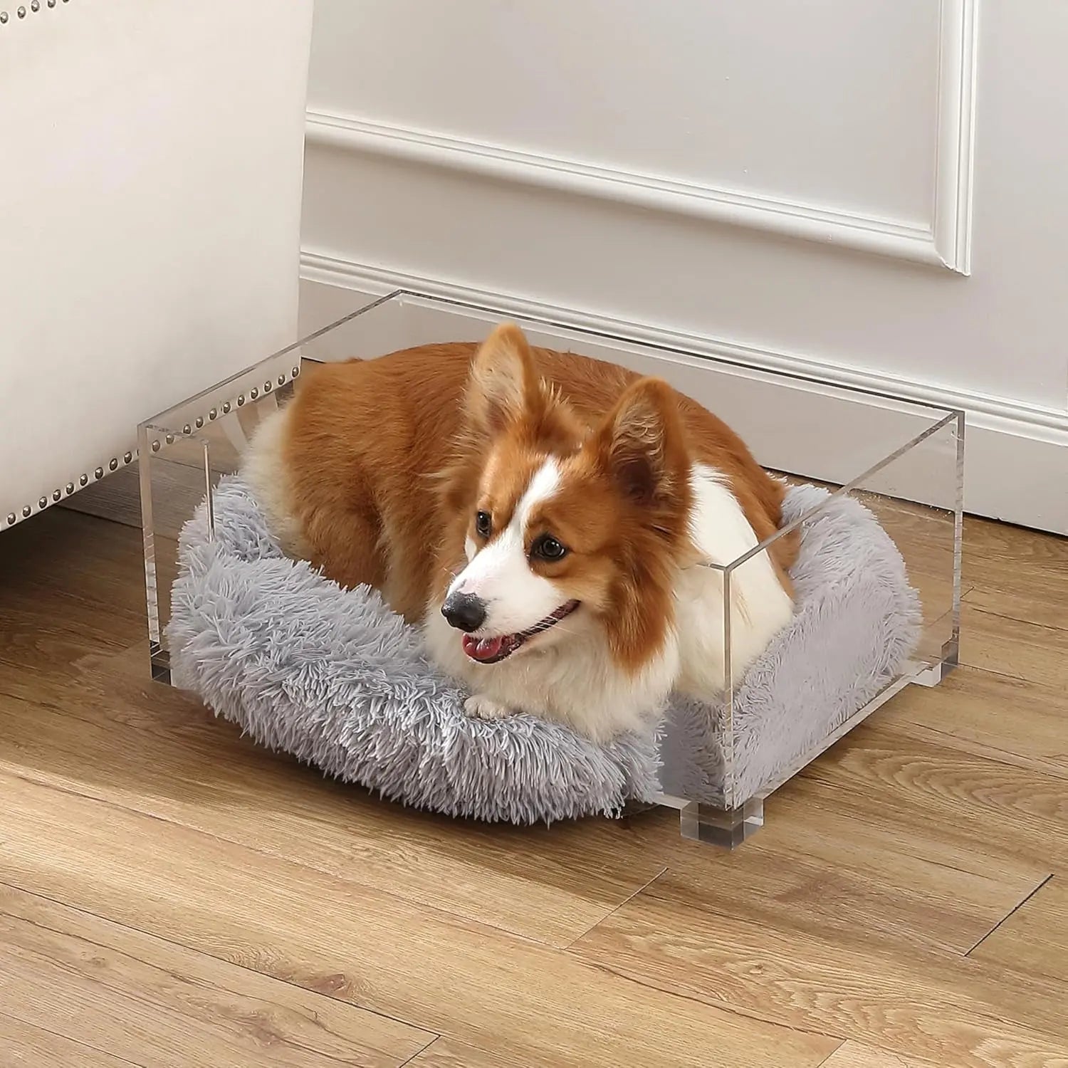 Modern Acrylic Pet Bed (small) & Elevated Feeder Set | Washable Cushion & Bowls