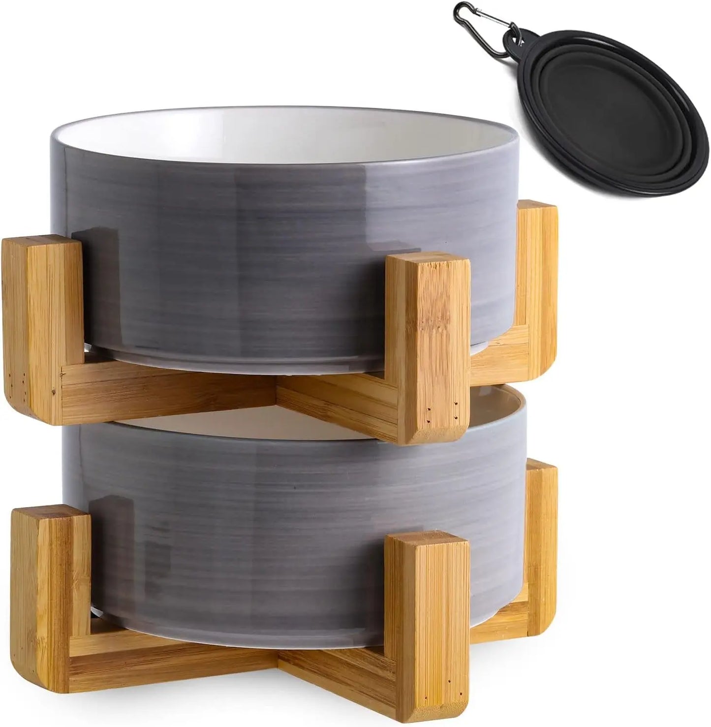 Modern Ceramic Cat & Dog Bowl Set with Wood Stand, Non-Slip, Set of 2 Grey White