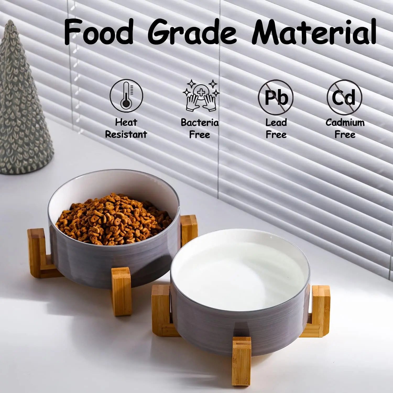 Modern Ceramic Cat & Dog Bowl Set with Wood Stand, Non-Slip, Set of 2