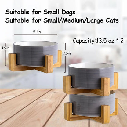 Modern Ceramic Cat & Dog Bowl Set with Wood Stand, Non-Slip, Set of 2