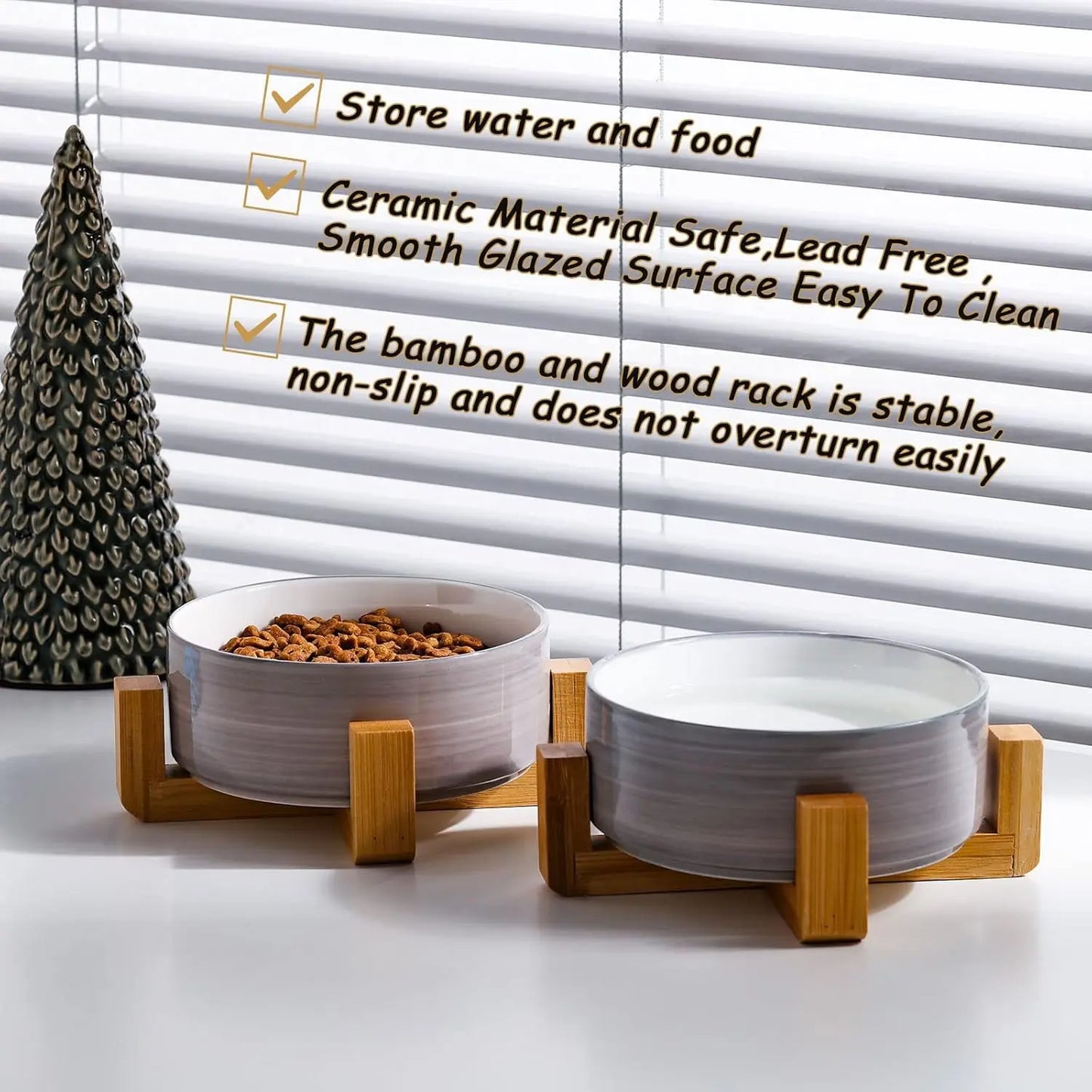 Modern Ceramic Cat & Dog Bowl Set with Wood Stand, Non-Slip, Set of 2
