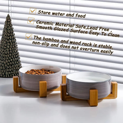 Modern Ceramic Cat & Dog Bowl Set with Wood Stand, Non-Slip, Set of 2