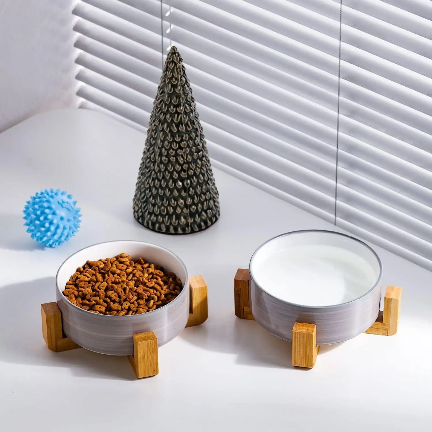 Modern Ceramic Cat & Dog Bowl Set with Wood Stand, Non-Slip, Set of 2