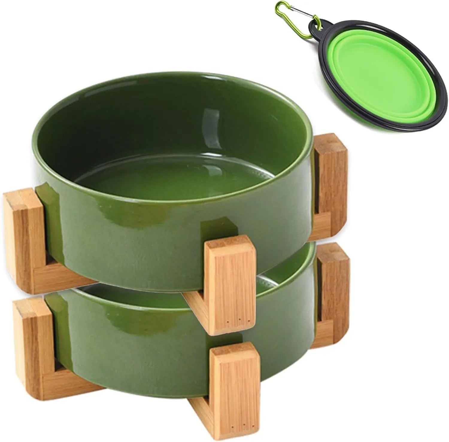 Modern Ceramic Cat & Dog Bowl Set with Wood Stand, Non-Slip, Set of 2 Rust Green