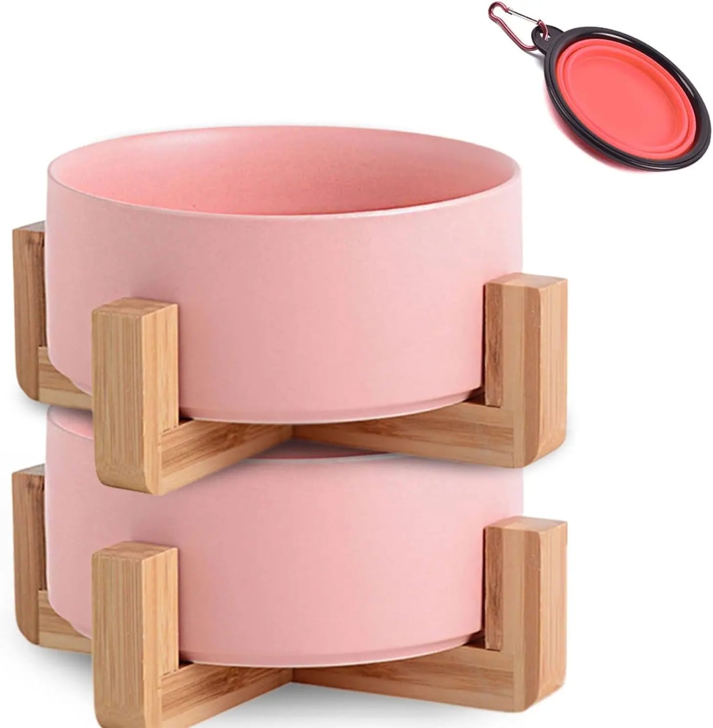 Modern Ceramic Cat & Dog Bowl Set with Wood Stand, Non-Slip, Set of 2 Pink