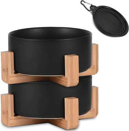 Modern Ceramic Cat & Dog Bowl Set with Wood Stand, Non-Slip, Set of 2 Black