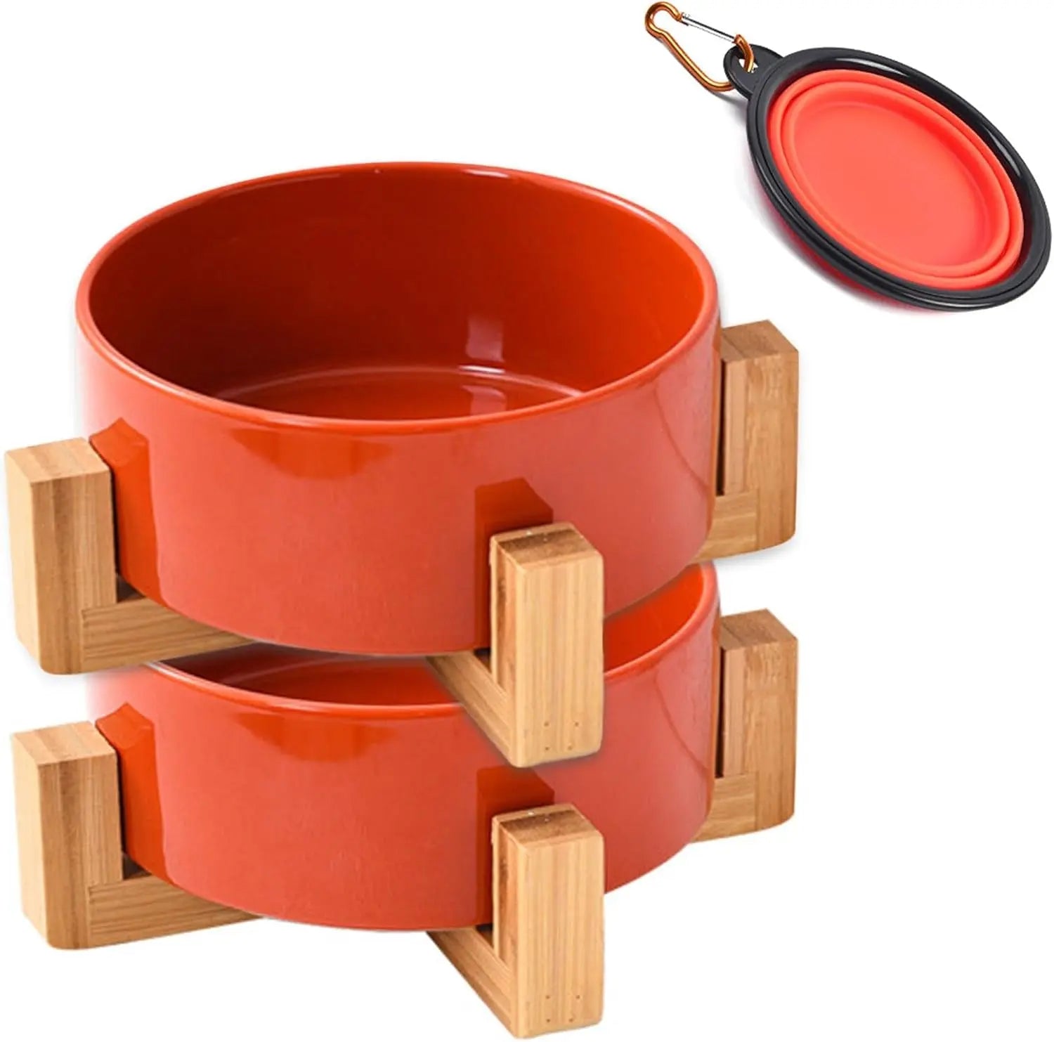 Modern Ceramic Cat & Dog Bowl Set with Wood Stand, Non-Slip, Set of 2 Rust Red