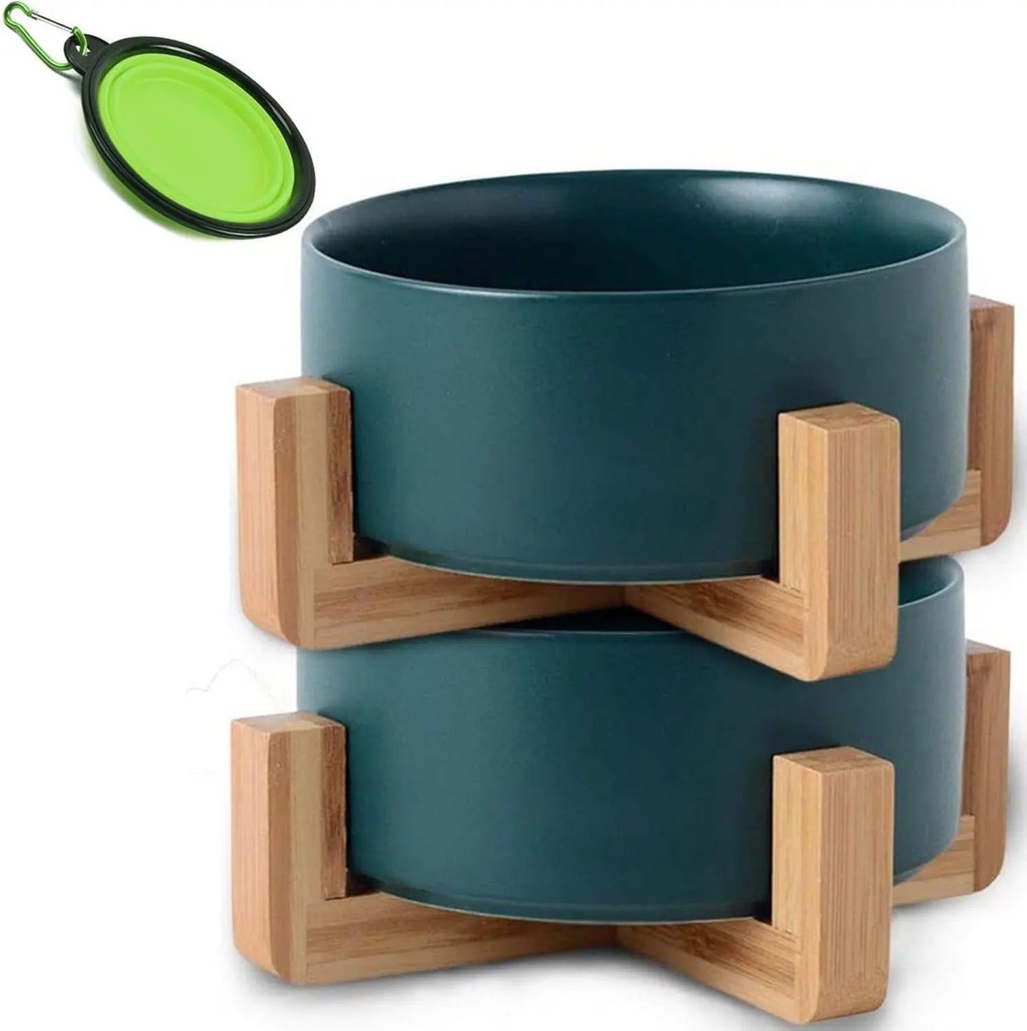 Modern Ceramic Cat & Dog Bowl Set with Wood Stand, Non-Slip, Set of 2 Deep Green Puppy Small Size Dogs Cat Bowls 400Ml*2