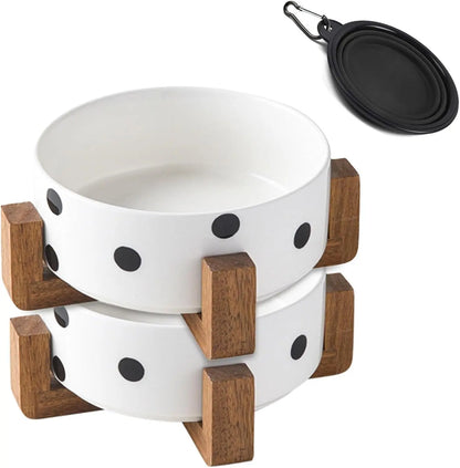 Modern Ceramic Cat & Dog Bowl Set with Wood Stand, Non-Slip, Set of 2 Black Dot