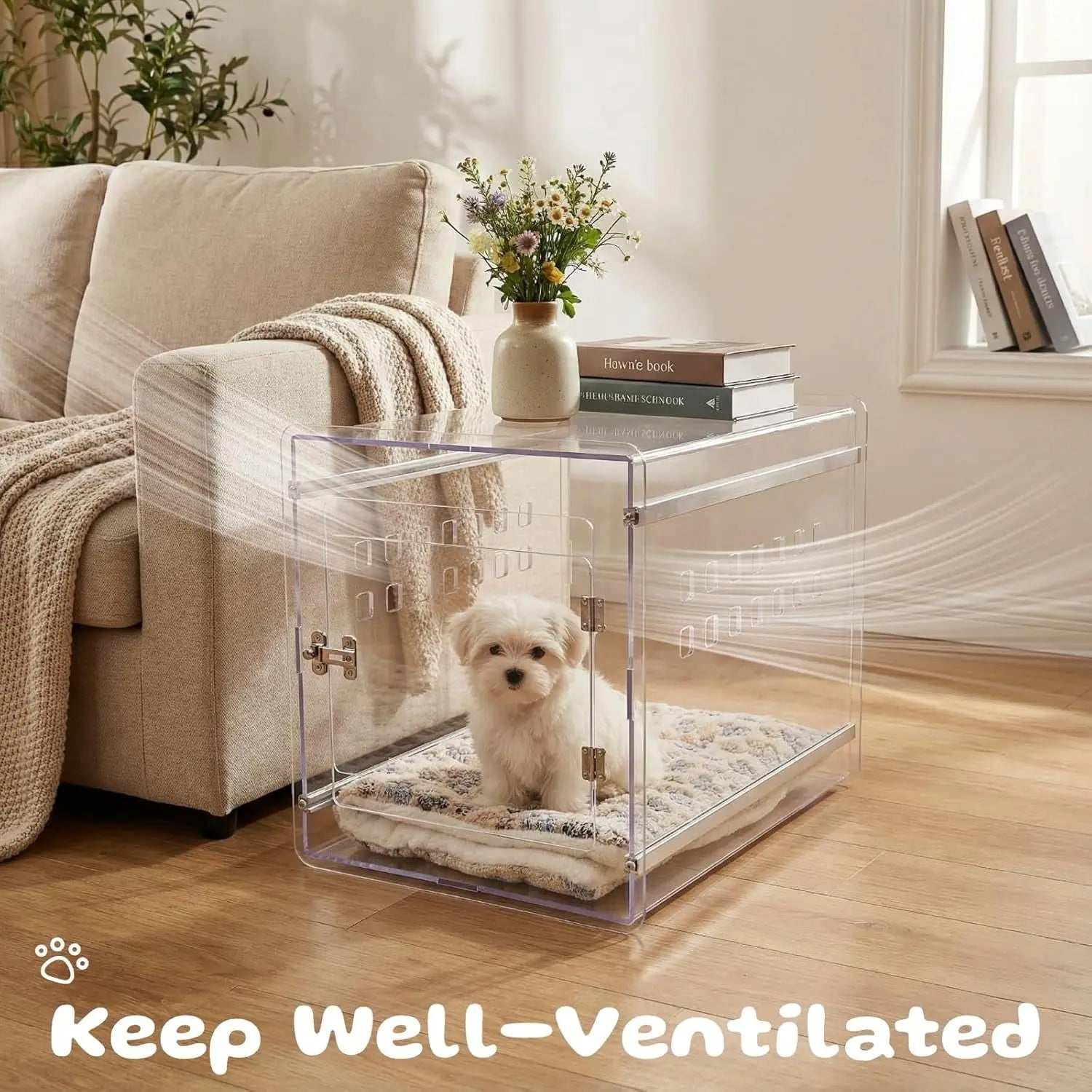 Modern Clear Dog Crate Furniture | Lockable PC Kennel End Table (Small–Med)