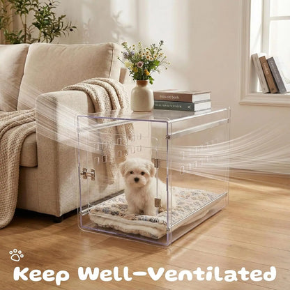 Modern Clear Dog Crate Furniture | Lockable PC Kennel End Table (Small–Med)