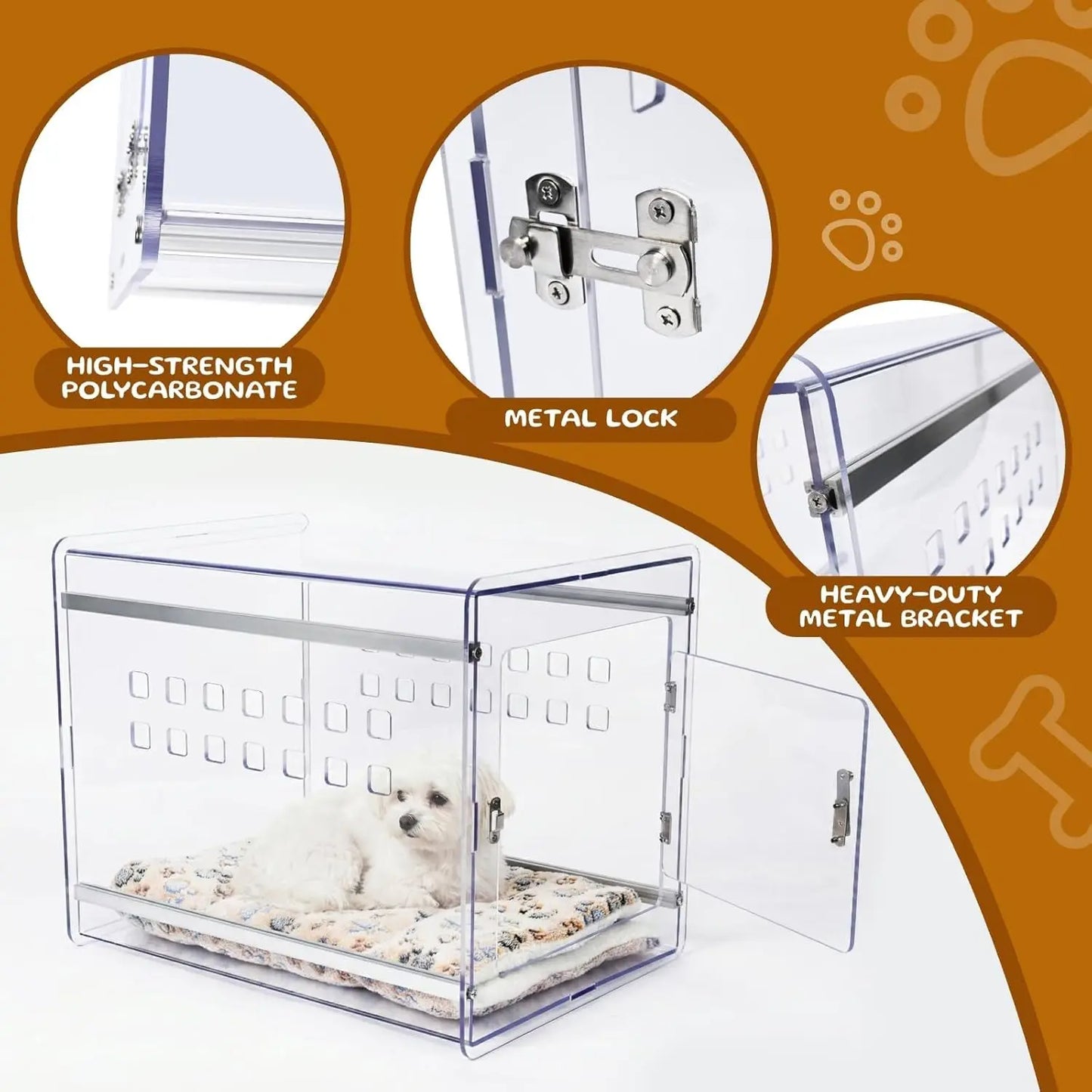 Modern Clear Dog Crate Furniture | Lockable PC Kennel End Table (Small–Med)