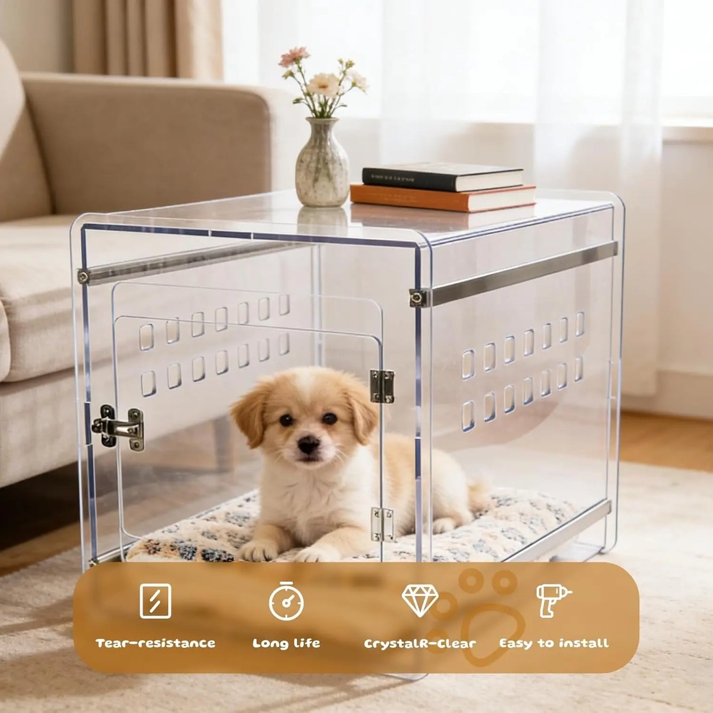 Modern Clear Dog Crate Furniture | Lockable PC Kennel End Table (Small–Med)